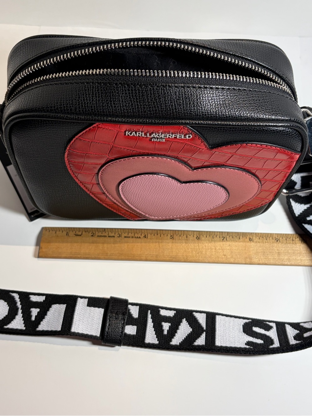 Karl Lagerfeld Black Crossbody with Red, Rose and Pink Heart Motif - Picture 15 of 16